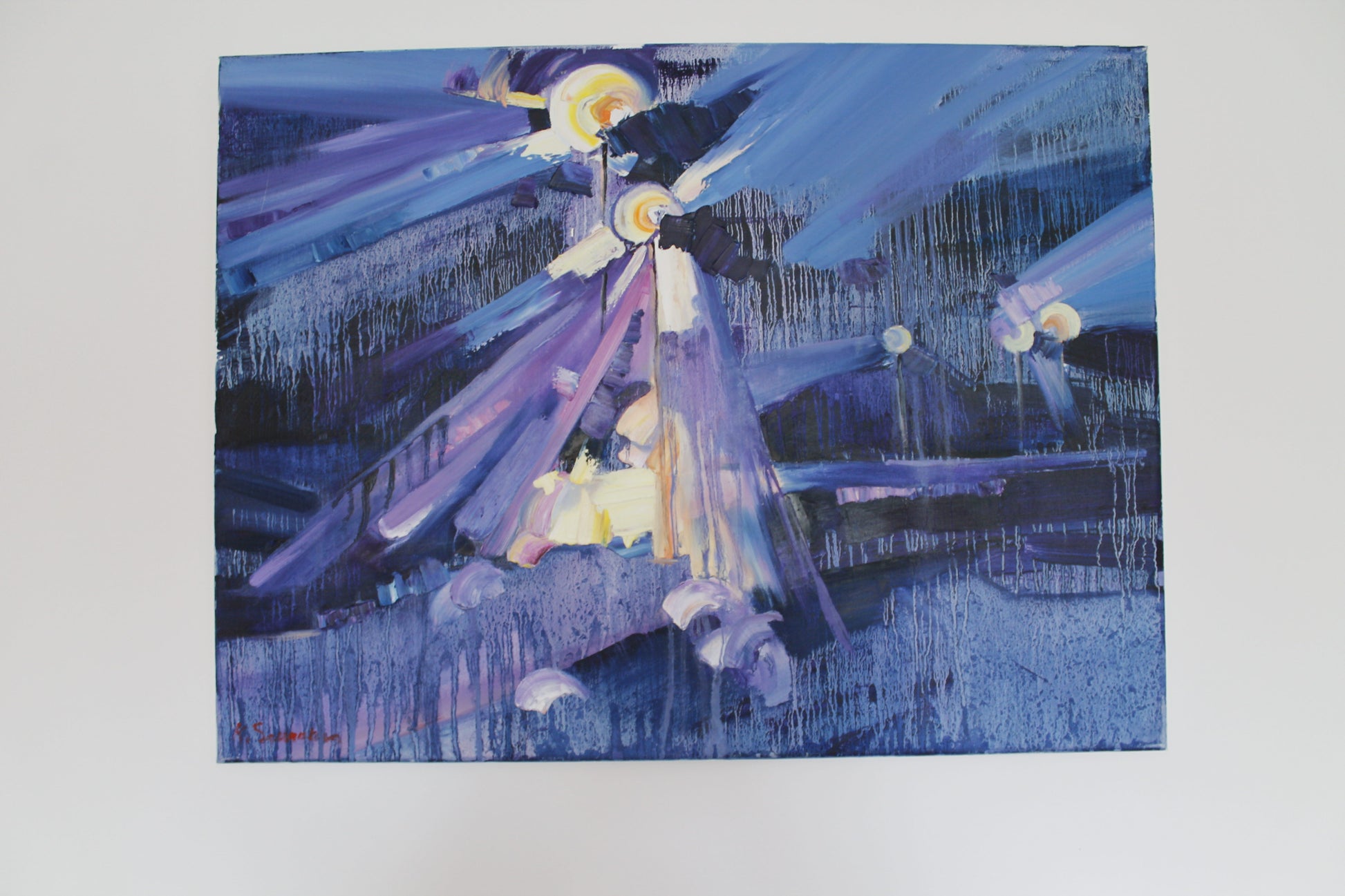 Abstract painting with blue, purple, and yellow tones on a white background, interior painting, painting for sale