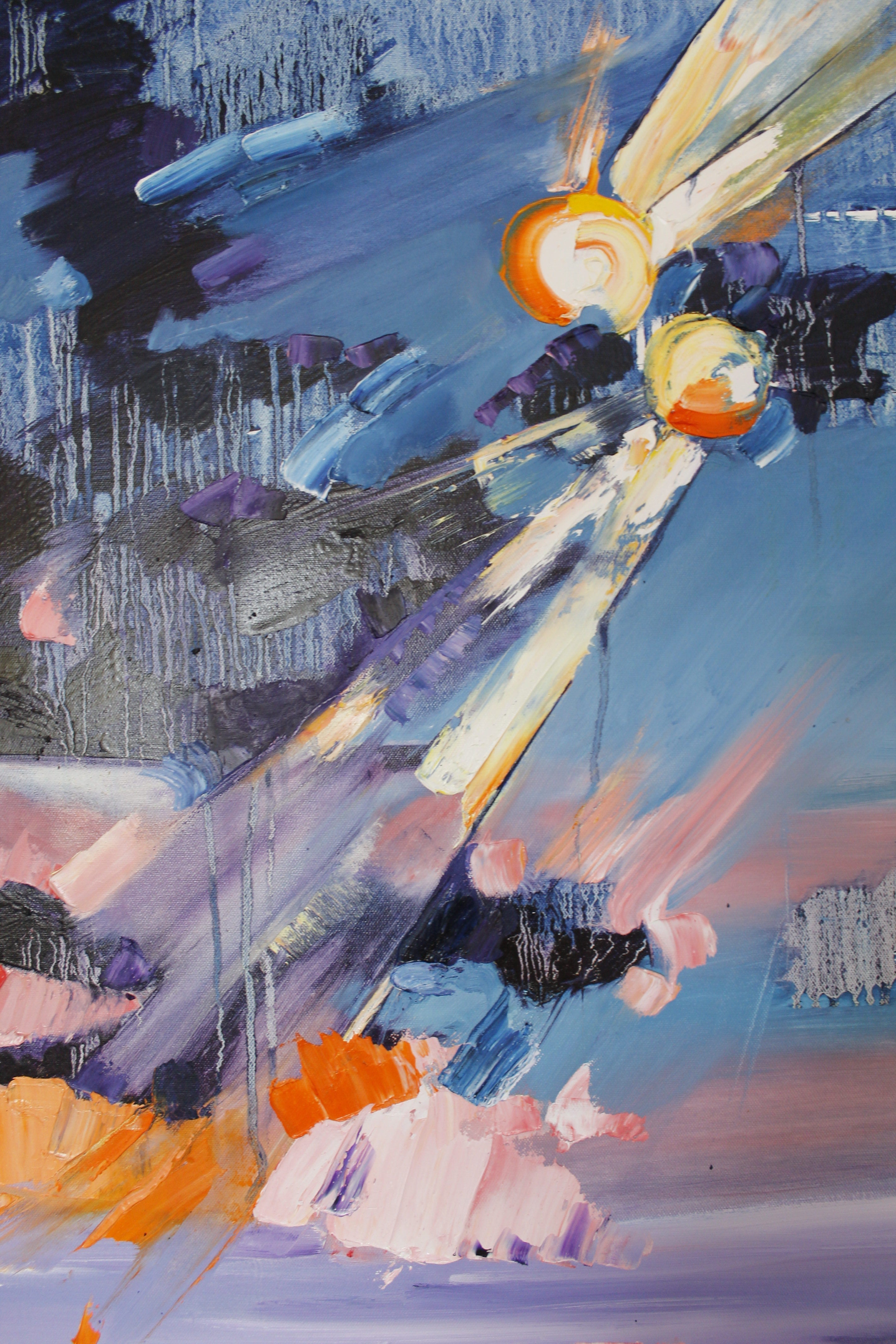 Abstract painting with vibrant colours such as orange, dark purple, yellow
