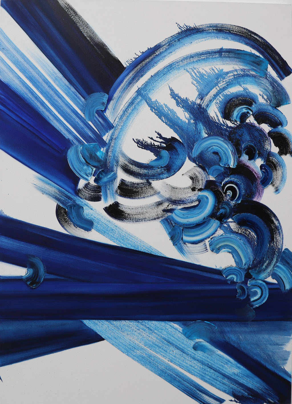 Abstract artwork 180 x 130 cm. with blue and black brush strokes on a white background