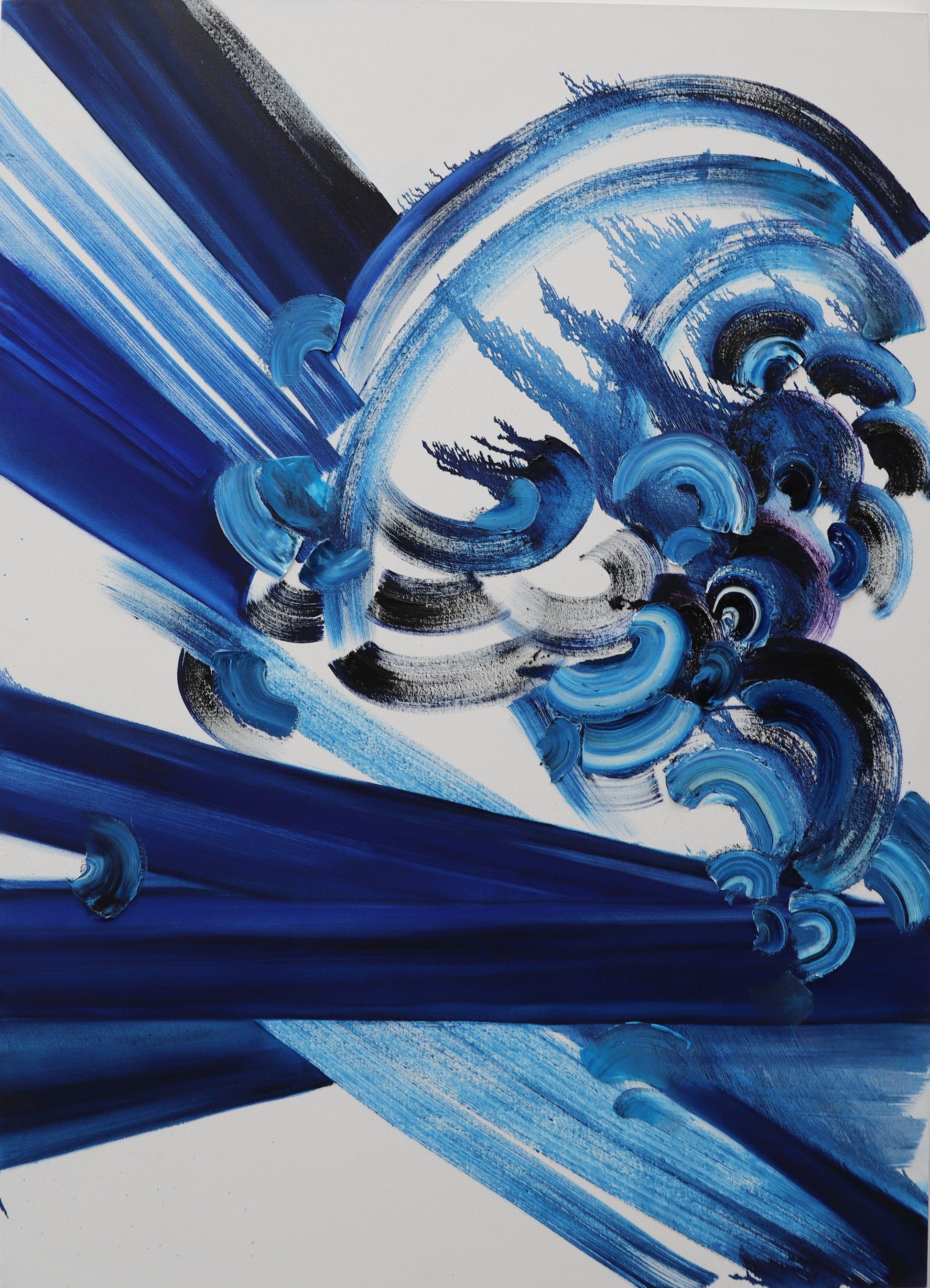 Abstract artwork 180 x 130 cm. with blue and black brush strokes on a white background